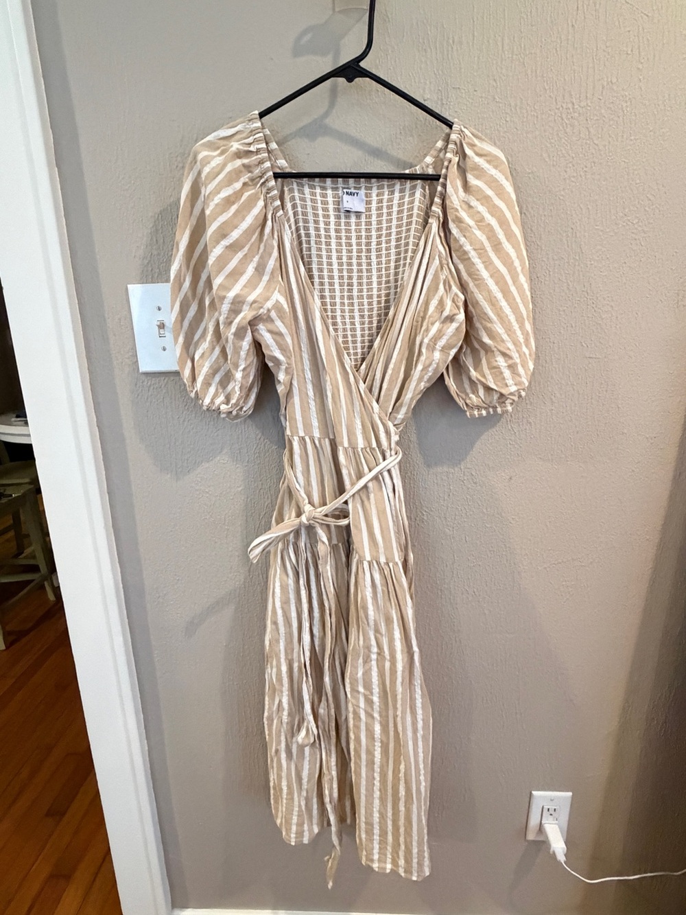 Old Navy Beige and White Striped Wrap Midi Dress